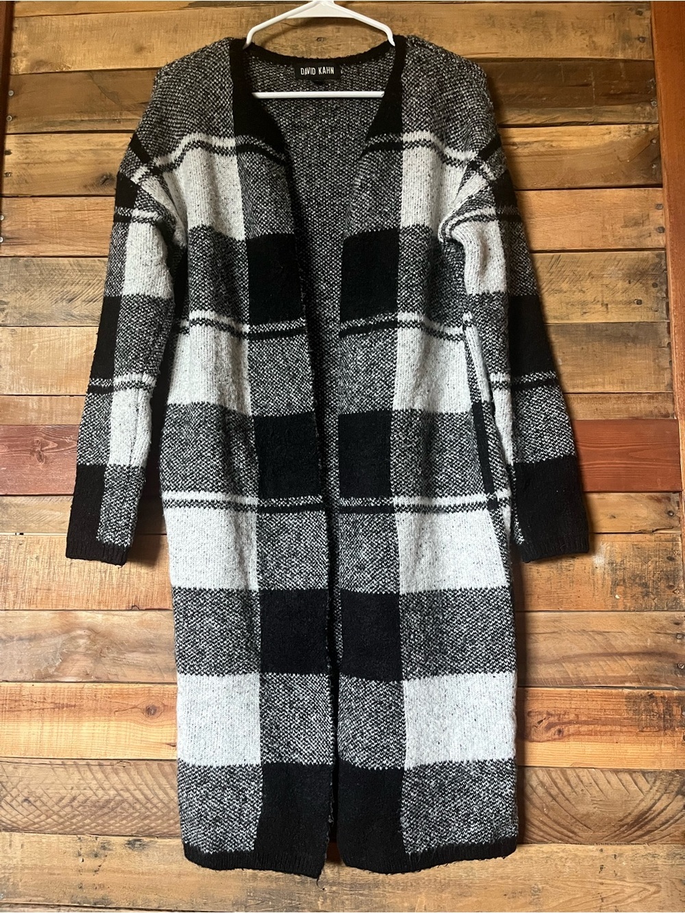David Kahn Black & White Buffalo Plaid Open-Front Long Cardigan
